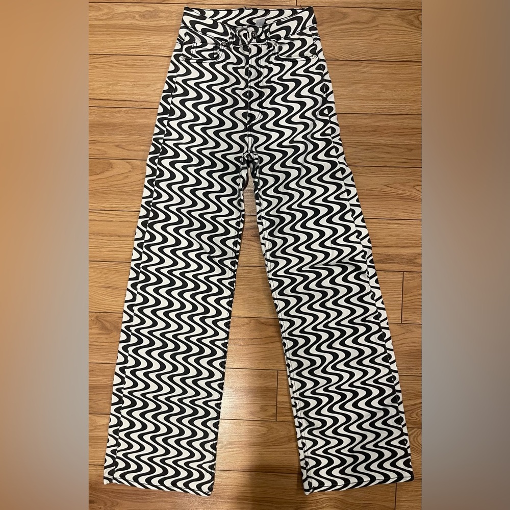 H&M Black and White Patterned Women's Pants 2 jeans wide leg high waist ribcage - Picture 2 of 6